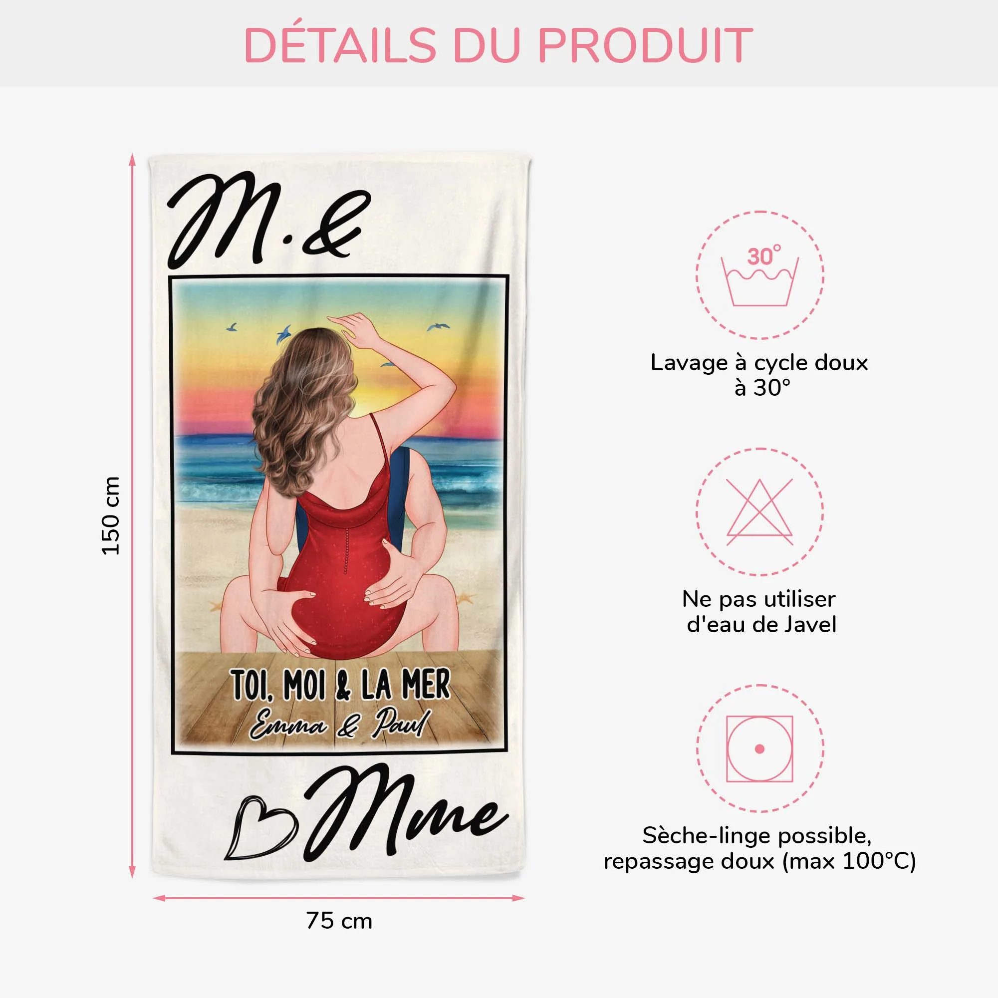 Serviette De Plage Personnalisé | Cadeau Été Couple Et La Mer - Image 3