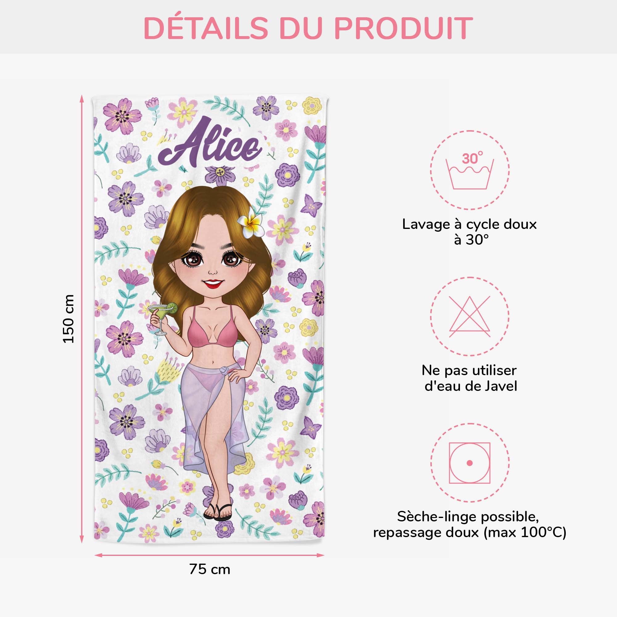 Serviettes De Plage Personnalisées | Femme Avec Fleurs Violettes - Image 3
