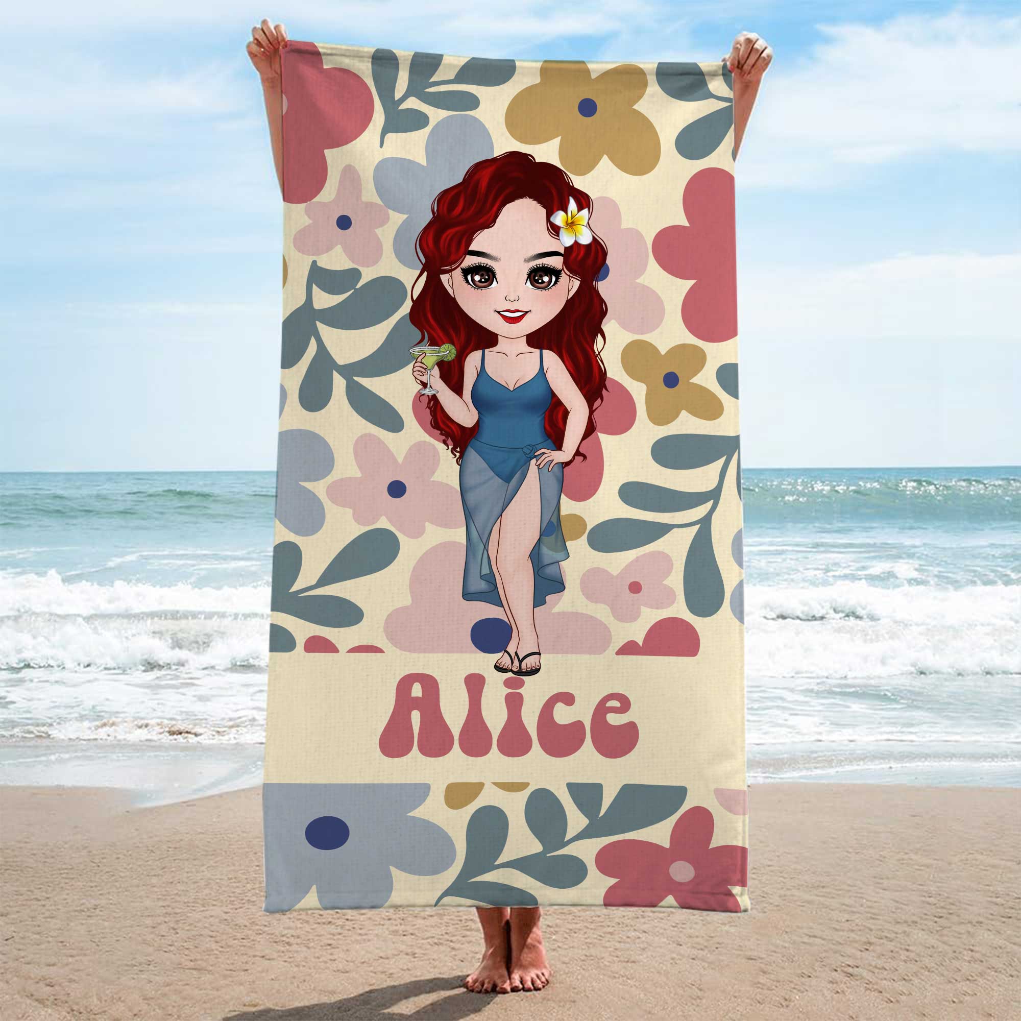 Serviette De Plage Personnalisée | Femme Charmante Version Florale - Image 2
