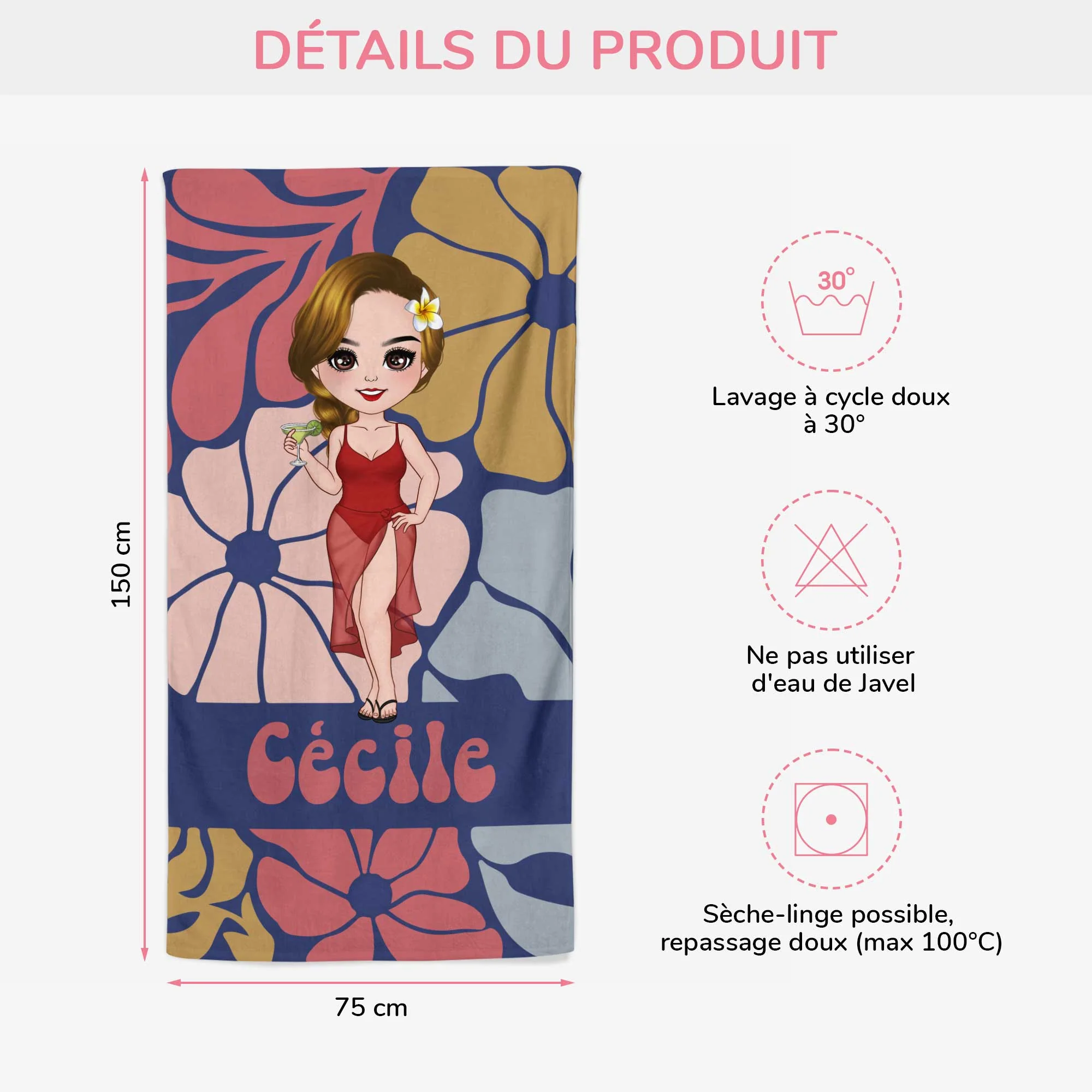 Serviette De Plage Personnalisée | Femme Charmante Version Florale - Image 3