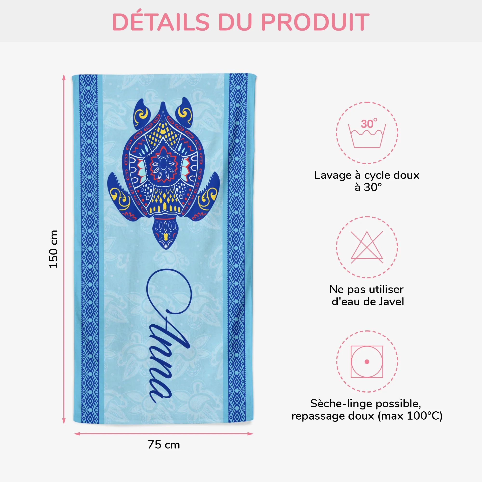 Serviette De Plage Personnalisé Homme Femme - Dessin Tortue Avec Prénom - Image 2