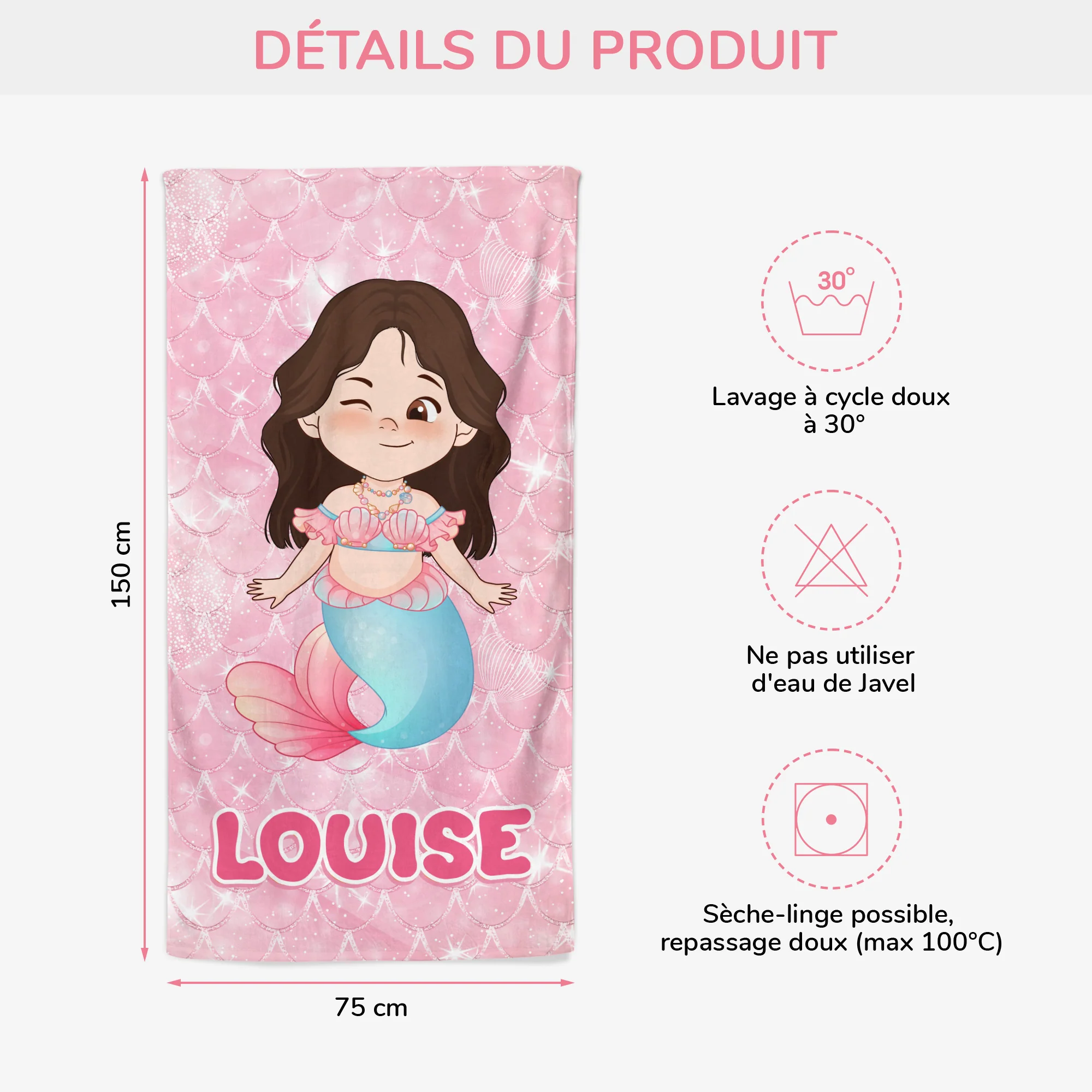 Serviette De Plage Personnalisée Fille - Petite Sirène Petit Triton - Image 3