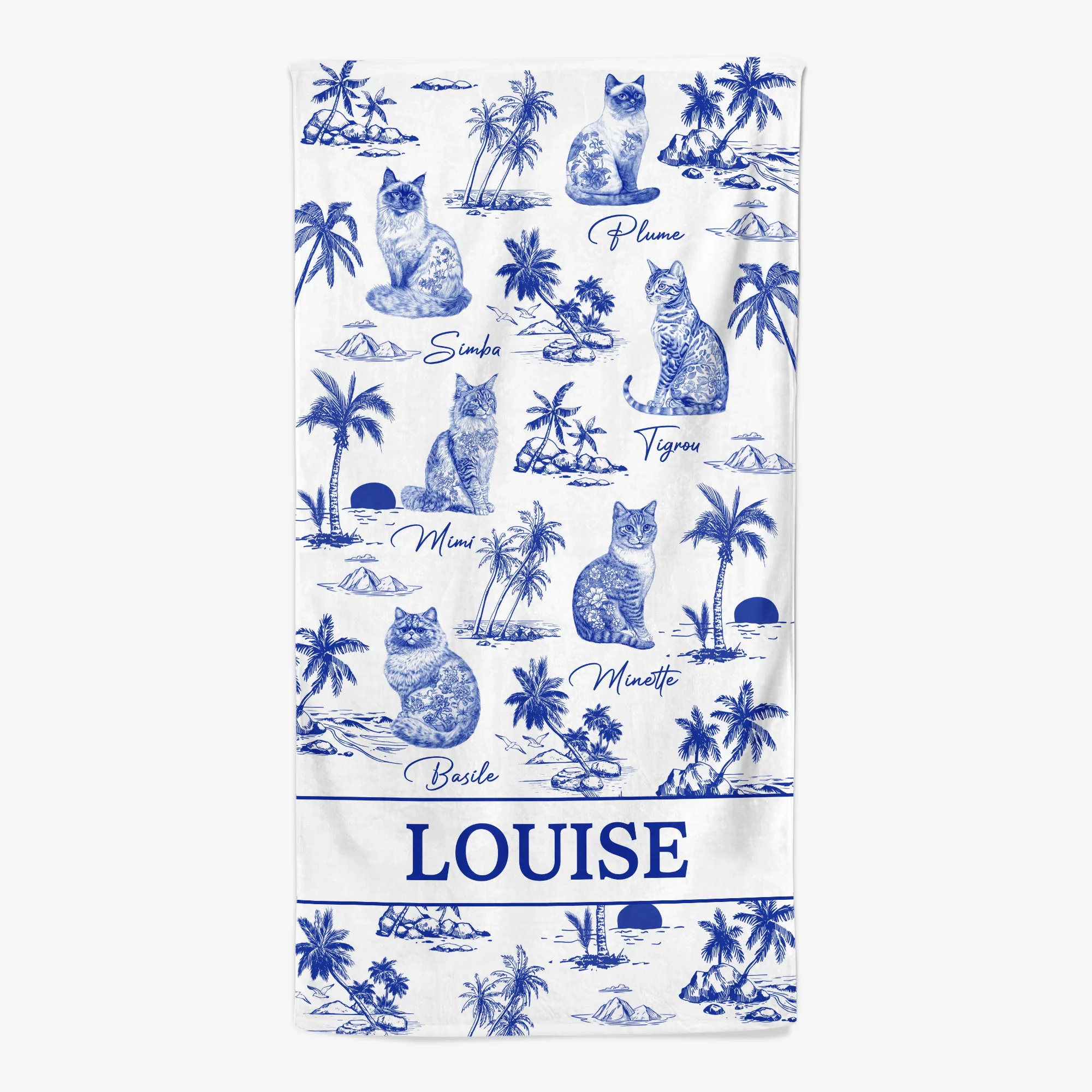 Cadeau Personnalisé Avec Chat | Serviette De Plage Style Blue Toile