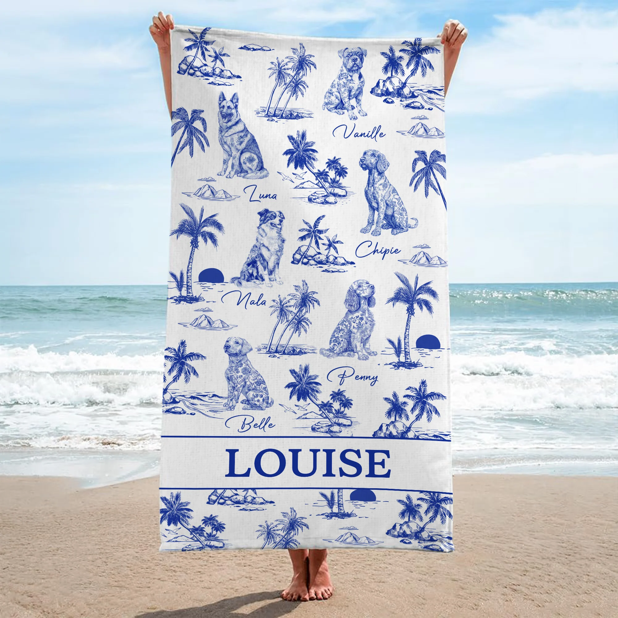 Cadeau Personnalisé Avec Chien | Serviette Plage Style Blue Toile - Image 2