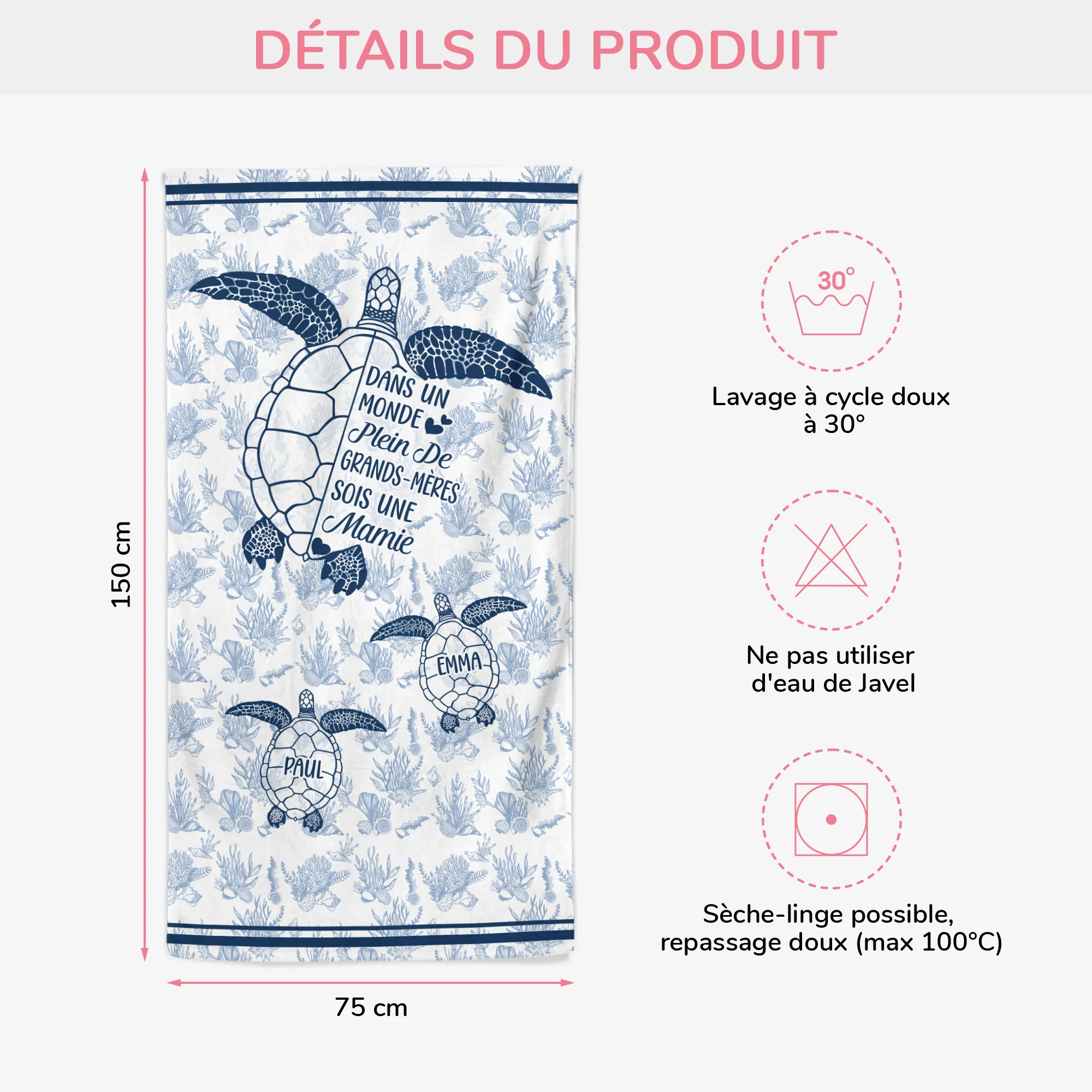 Serviette Plage Personnalisée | Cadeau Maman Mamie Pour Été Dessin Tortue - Image 3