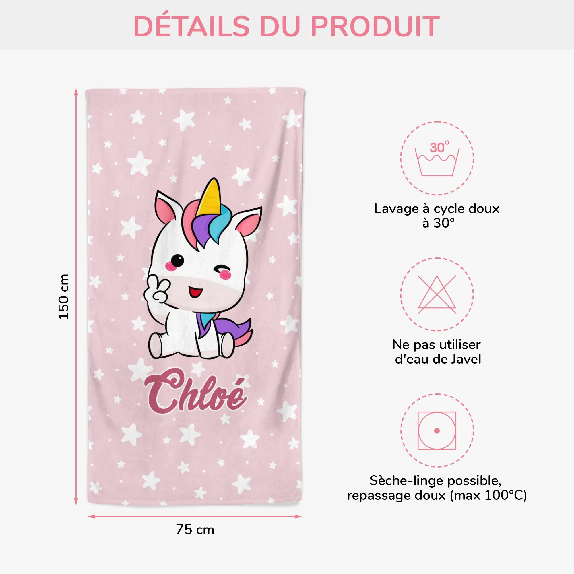 Serviette De Plage Personnalisée Enfant - Design Licorne - Image 3