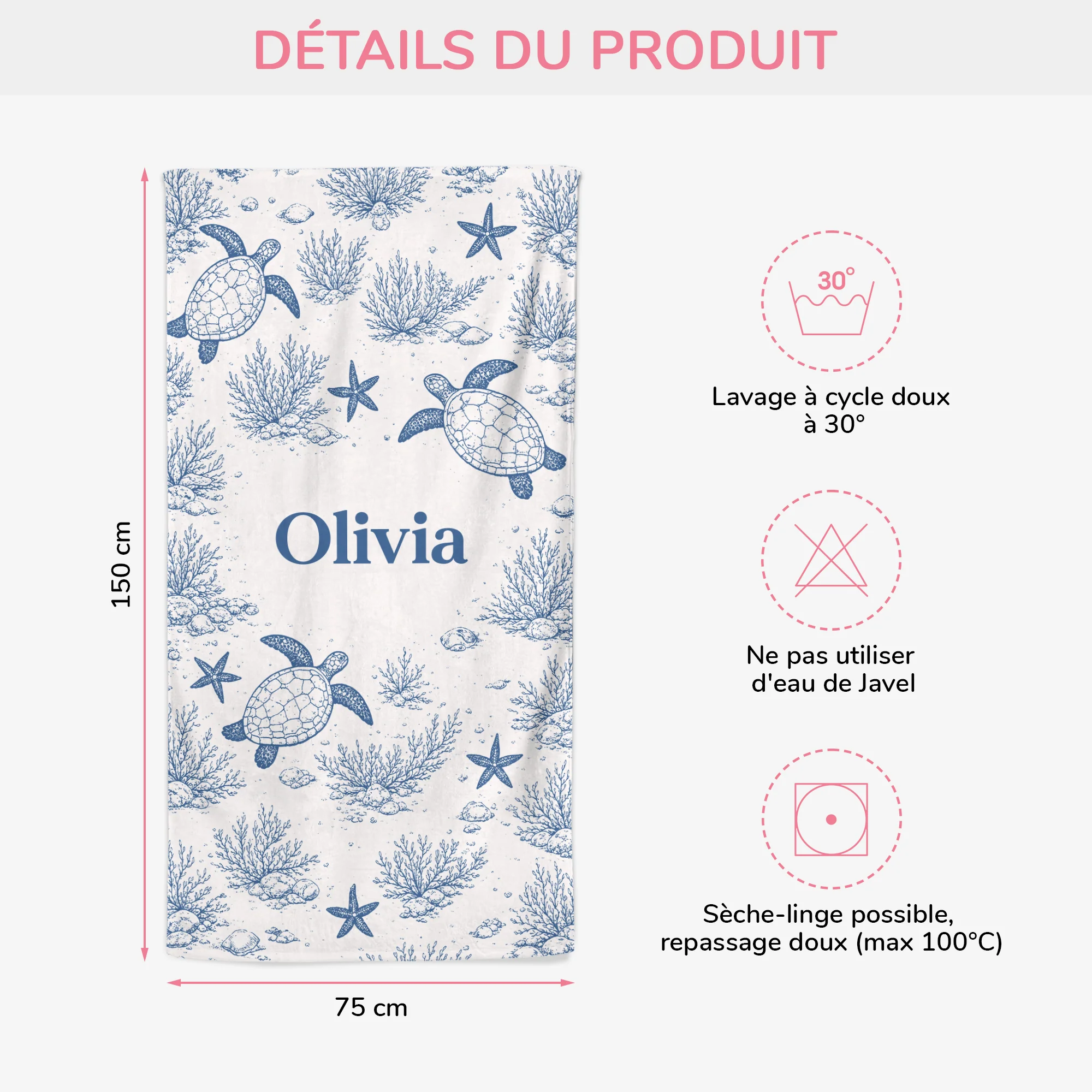 Serviette De Plage Personnalisée Prénom Et Dessin Tortue - Cadeau Été Femme - Image 3