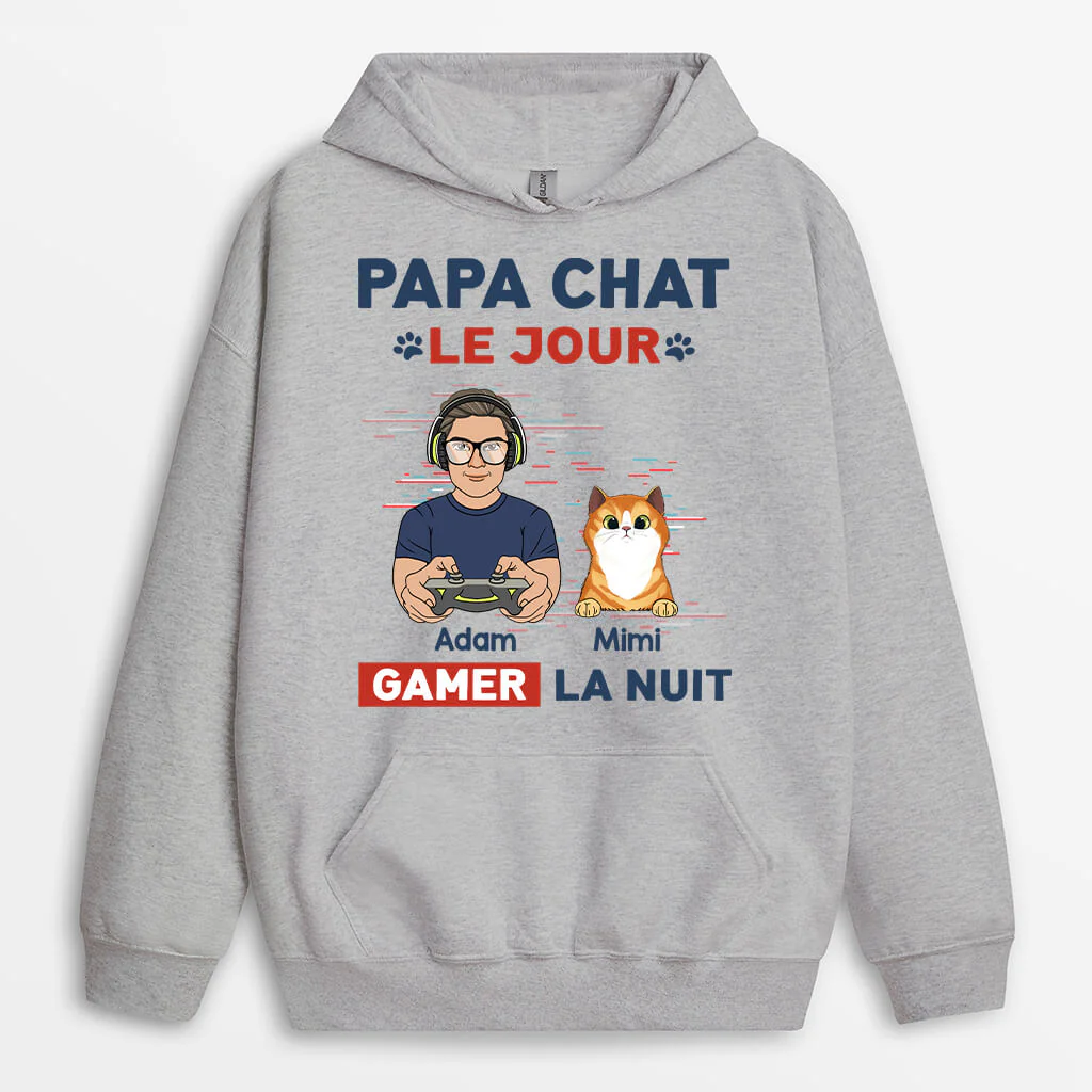 Sweats à Capuche Personnalisés – Papa Chat Le Jour Gamer La Nuit