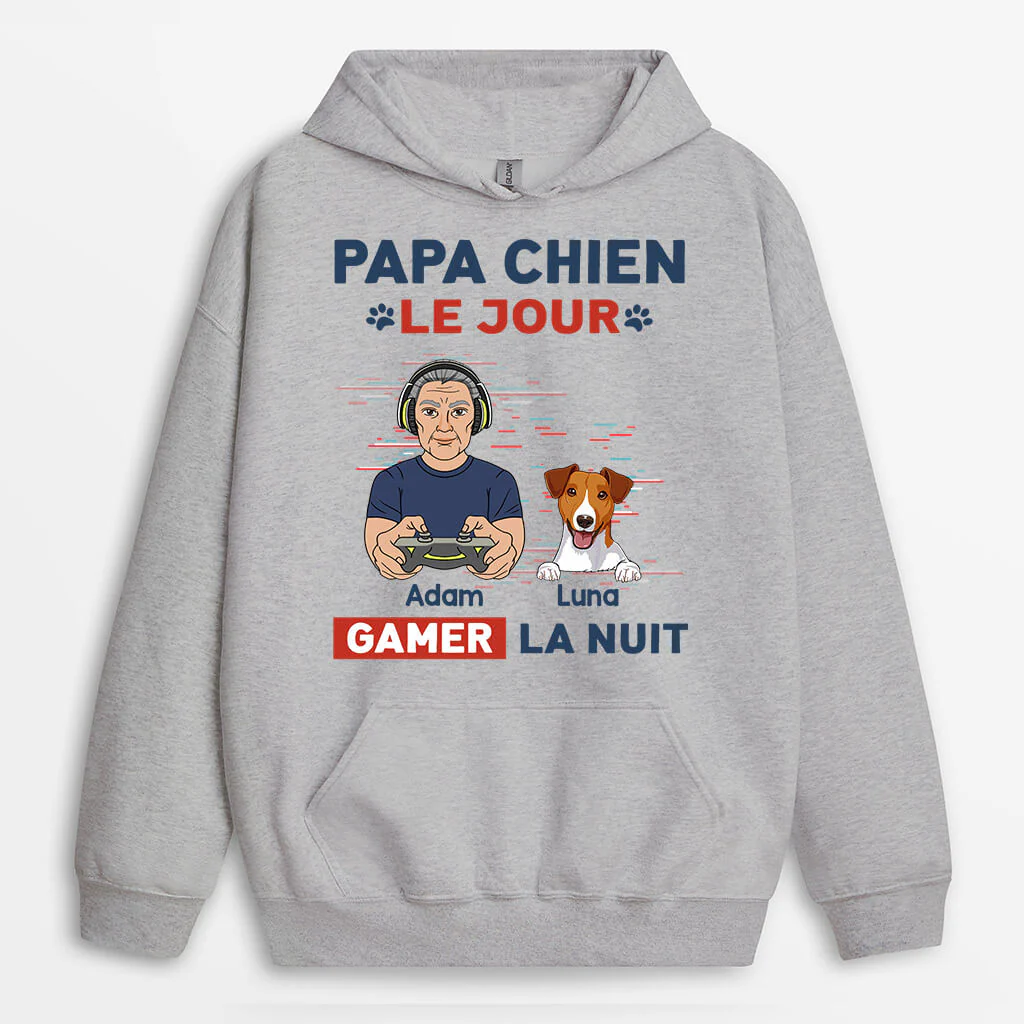 Personnaliser un Sweat à Capuche – Papa Chien Le Jour Gamer La Nuit - Image 2