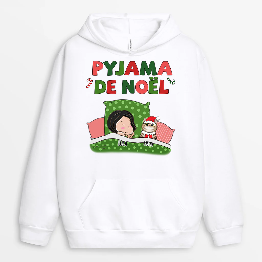 Cadeau Noël Personnalisé – Sweat À Capuche Pyjama Noël Avec Chats