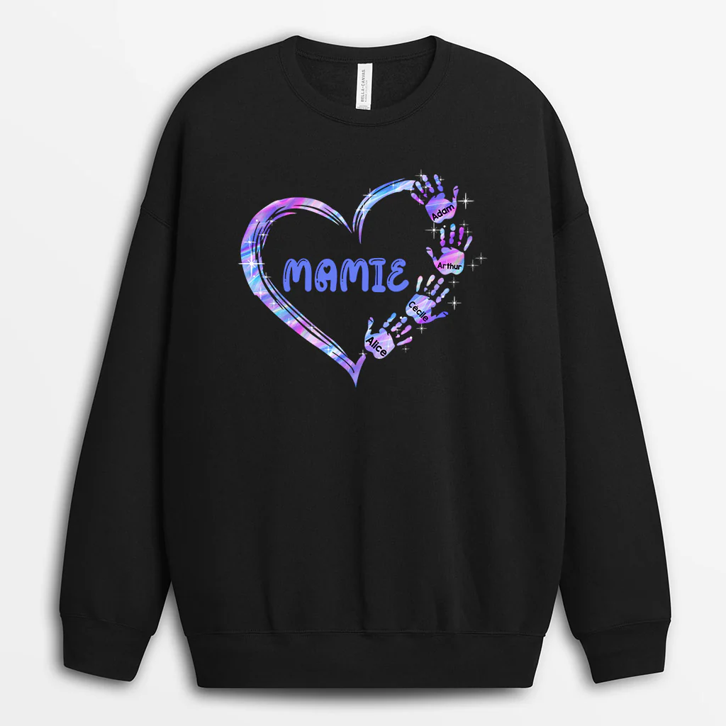 Sweat-shirt Le cœur de Mamie Maman Mains Colorées Personnalisé