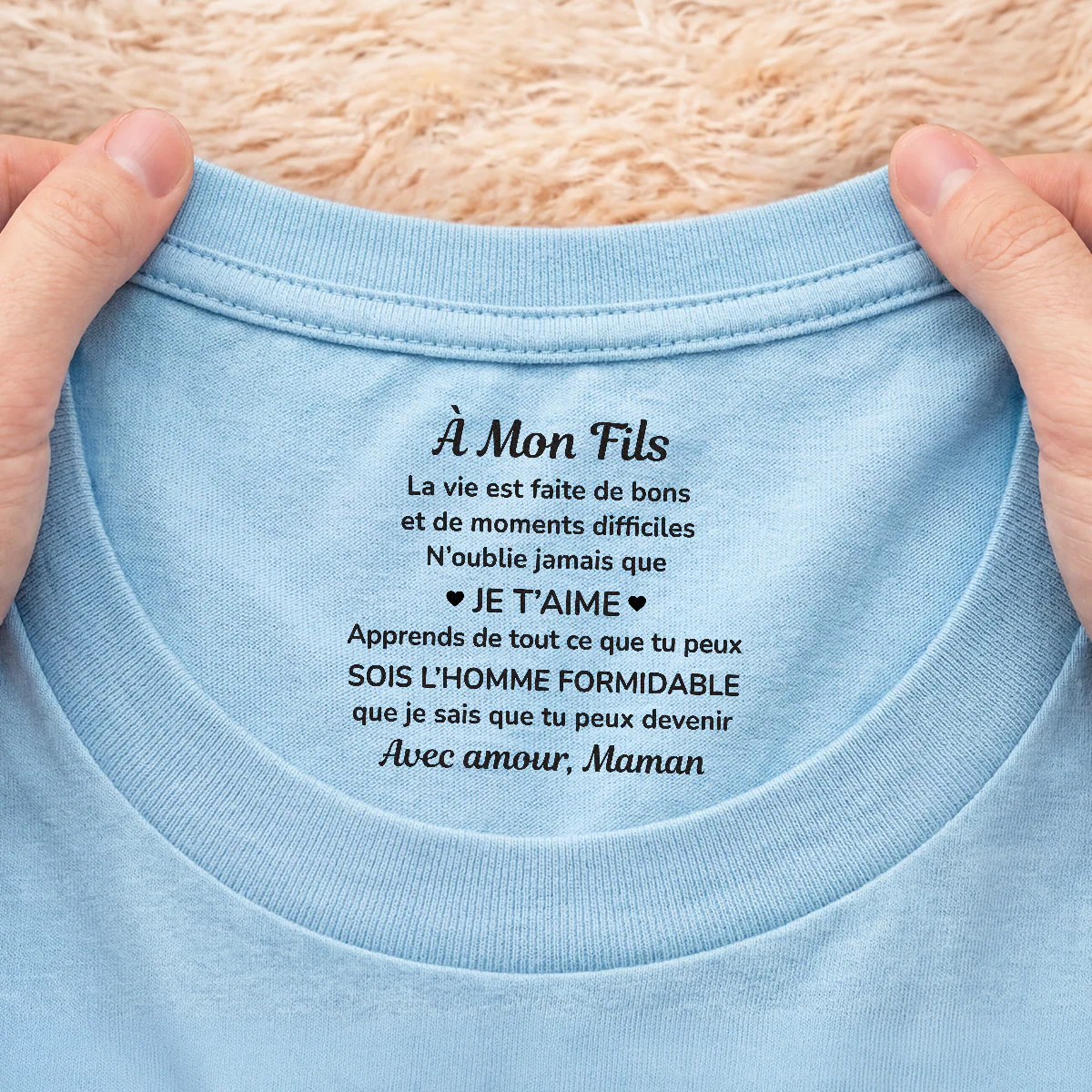 T-shirt Blanc Personnalisé Avec Message À L’intérieur Du Col Pour Femme/Homme - Cadeau Pour Fils Et Fille - Image 2
