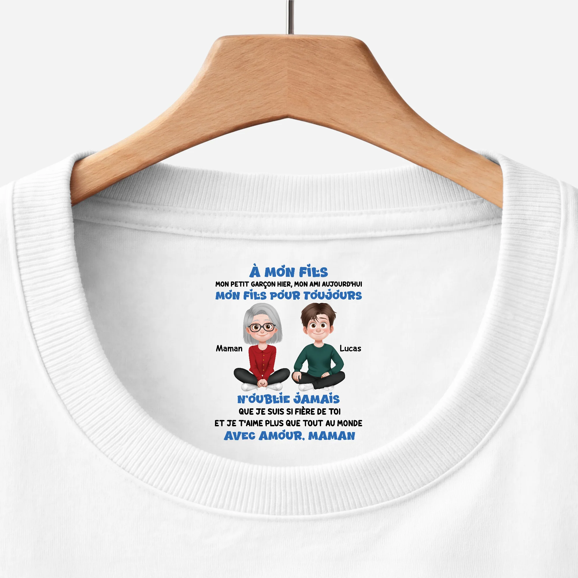 T-shirt Blanc Personnalisé Avec Texte À L’intérieur Du Col Femme/Homme - Mon Fils Ma Fille Pour Toujours