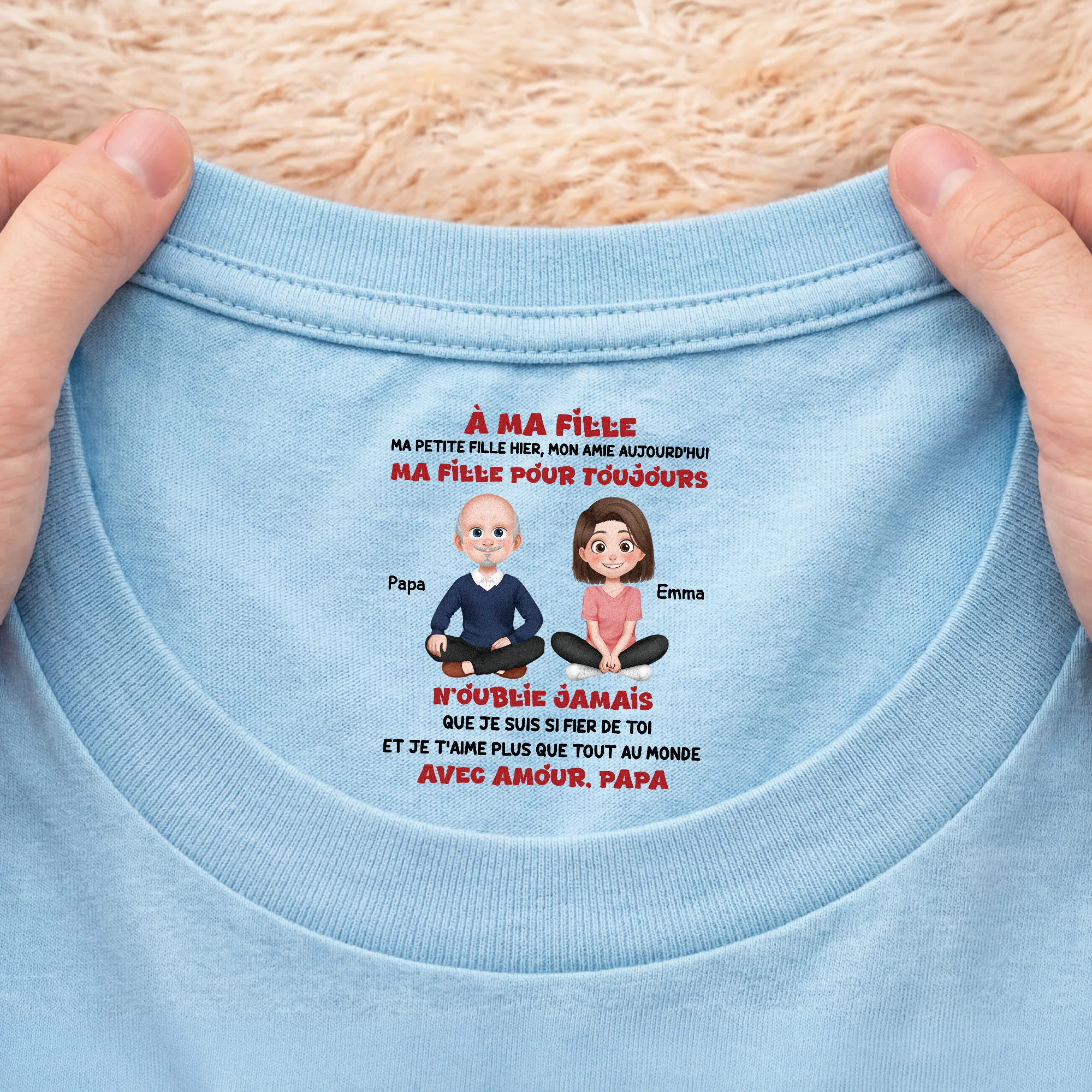 T-shirt Blanc Personnalisé Avec Texte À L’intérieur Du Col Femme/Homme - Mon Fils Ma Fille Pour Toujours - Image 2