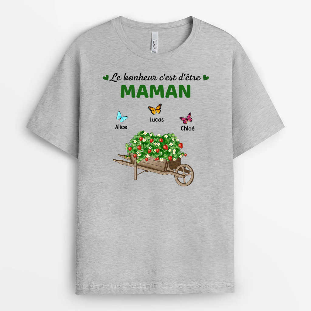 T-shirt Bonheur D'être Mamam Mamie Brouette En Bois Fraises Personnalisé - Image 2