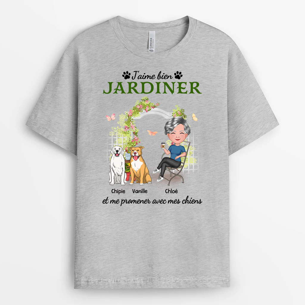 T-Shirt Personnalisé Femme - J'aime Jardiner et Me Promener Avec Mes Chiens - Image 2