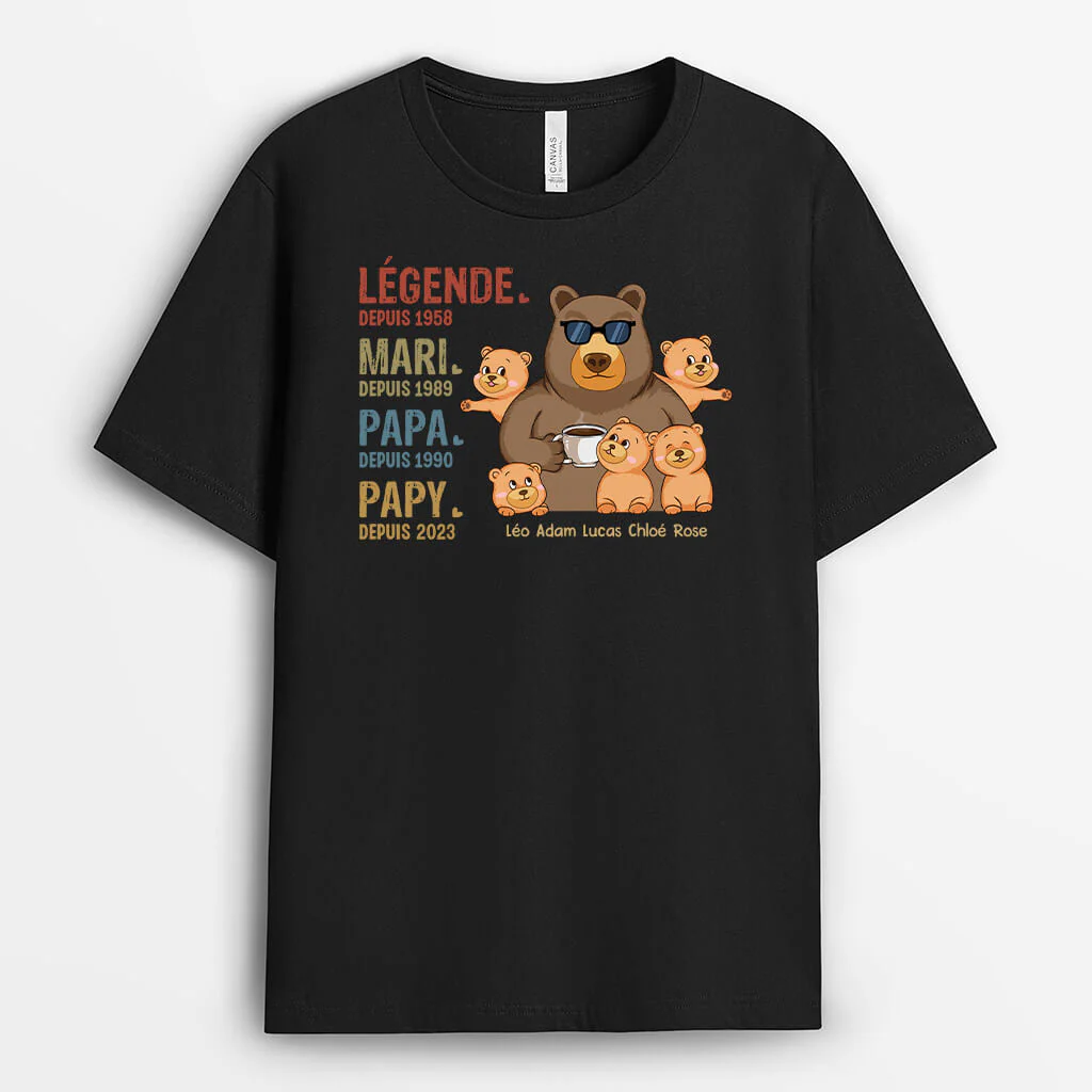 T Shirt Personnalisé Grand-Père - Légende Mari Papa Papy Depuis - Version Papa Ours