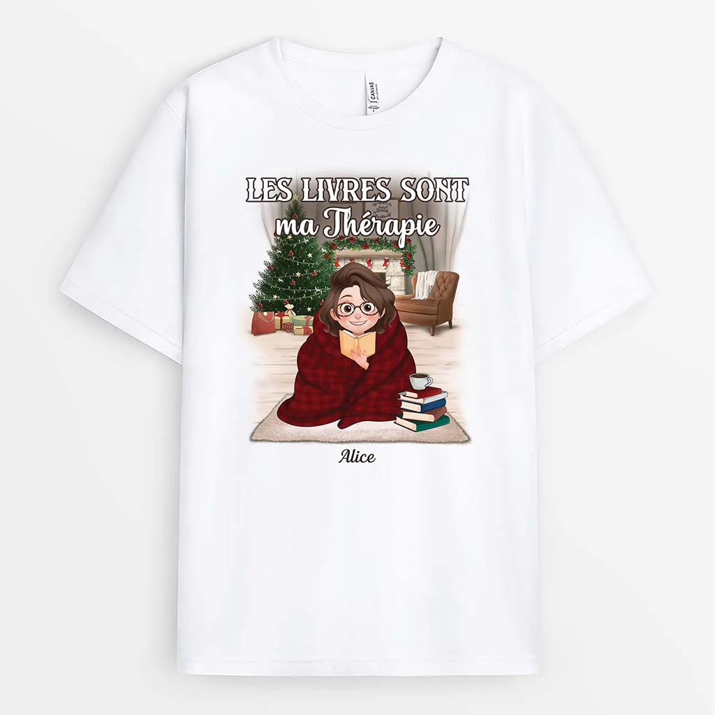 T-shirt Noël Personnalisé Pour Femme Et Homme - Les Livres Sont Ma Thérapie