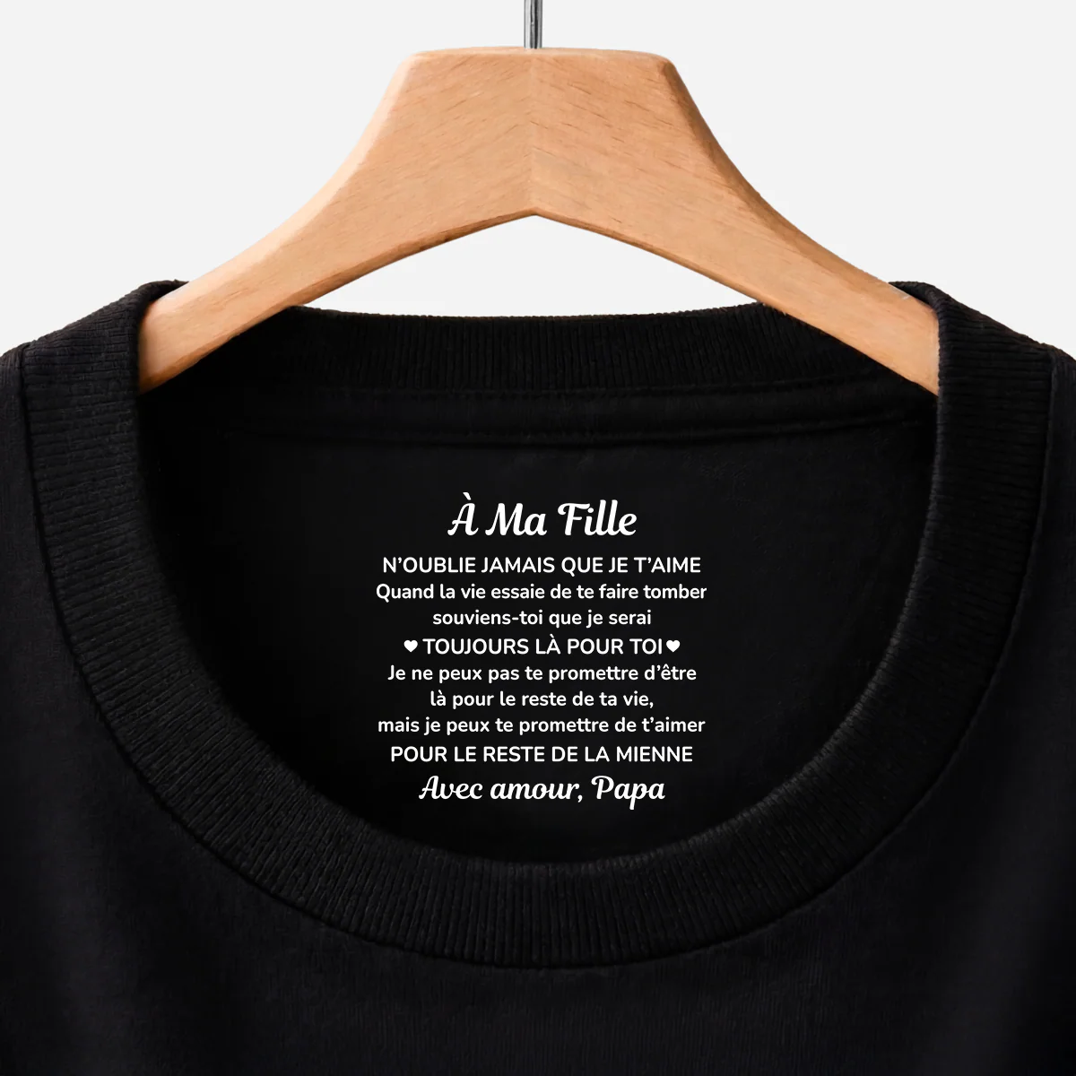 T-shirt Noir Personnalisé Avec Message À L’intérieur Du Col Pour Femme/Homme - Cadeau Pour Fils Et Fille