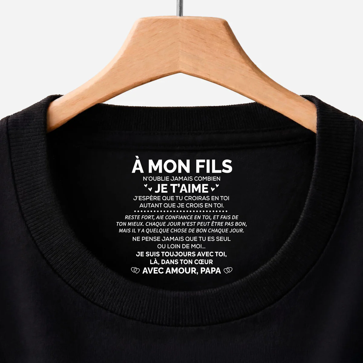 T-shirt Noir Personnalisé Avec Message À L’intérieur Du Col Pour Femme/Homme - Je T'aime Mon Fils Ma Fille
