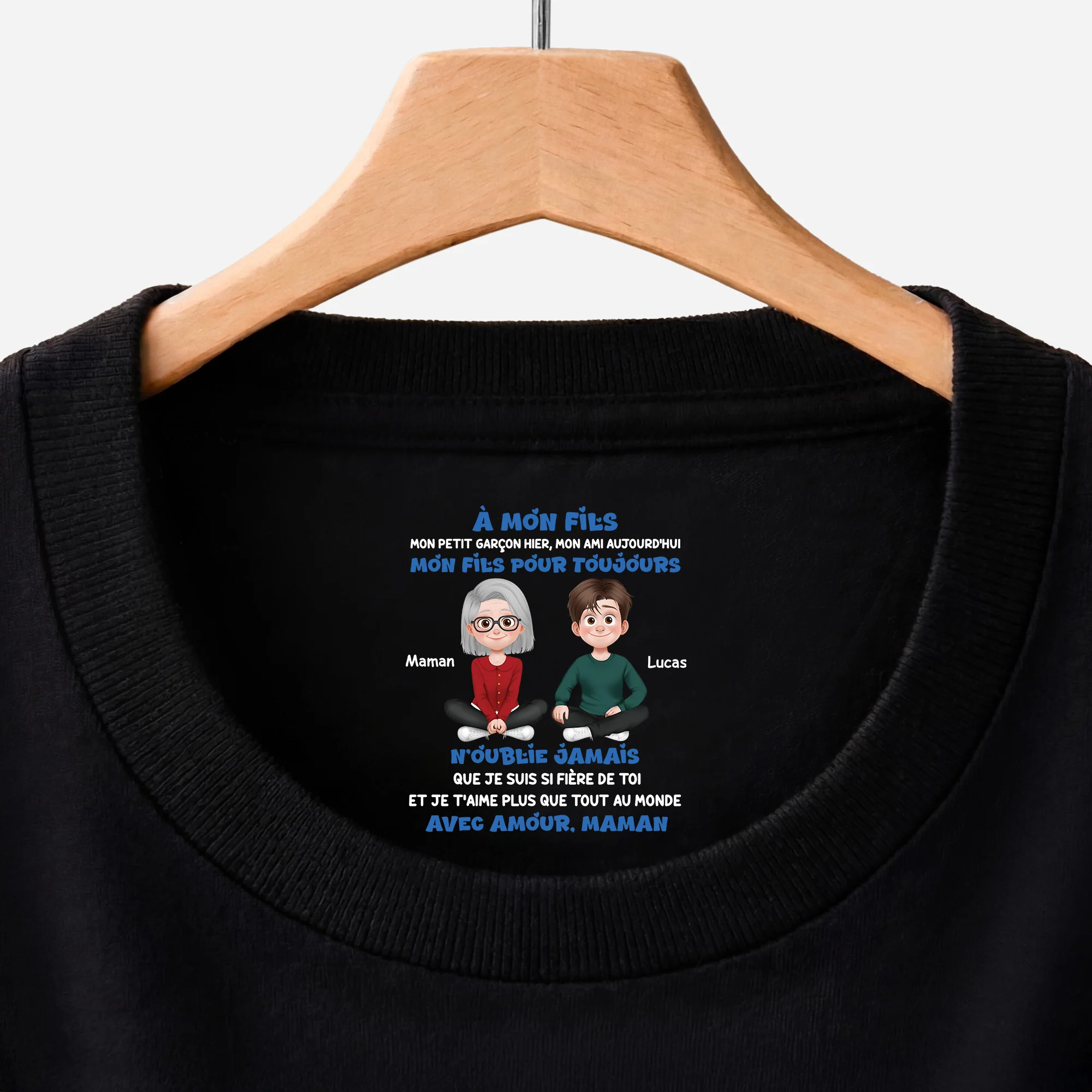 T-shirt Noir Personnalisé Avec Texte À L’intérieur Du Col Femme/Homme - Mon Fils Ma Fille Pour Toujours