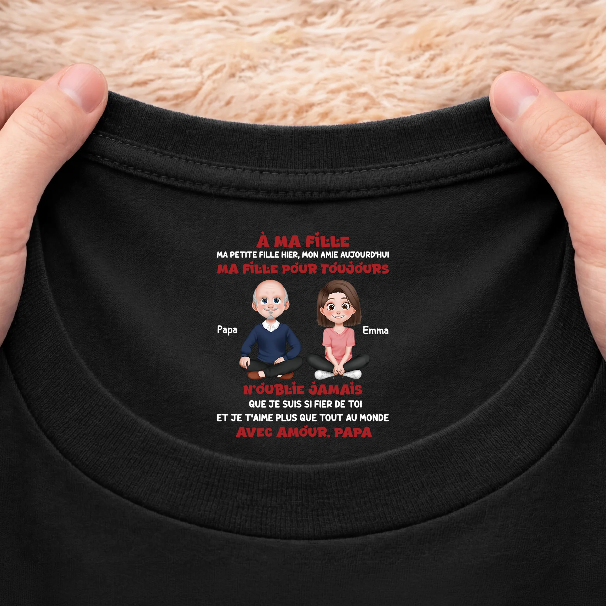 T-shirt Noir Personnalisé Avec Texte À L’intérieur Du Col Femme/Homme - Mon Fils Ma Fille Pour Toujours - Image 2