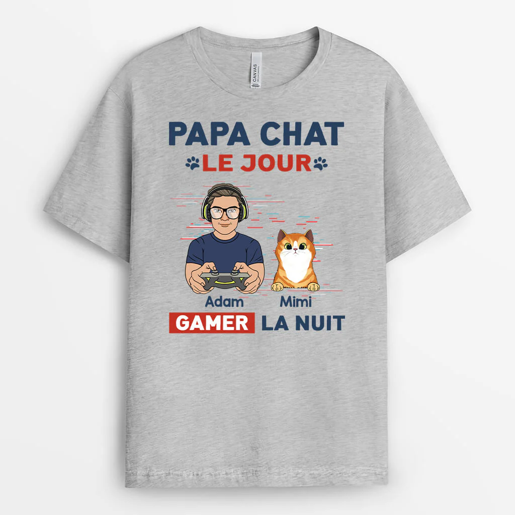 Tee Shirt Personnalisé Avec Chat - Papa Chat Le Jour, Gamer La Nuit