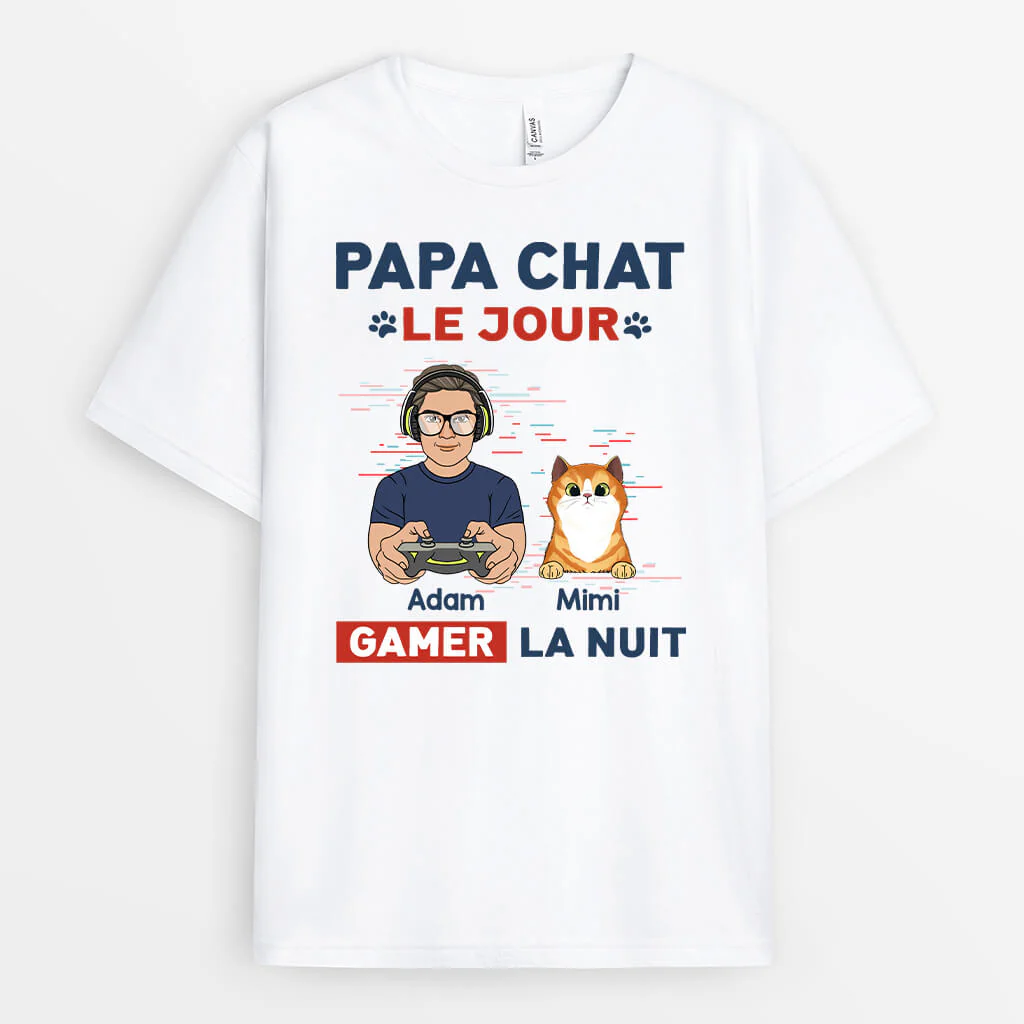 Tee Shirt Personnalisé Avec Chat - Papa Chat Le Jour, Gamer La Nuit - Image 2
