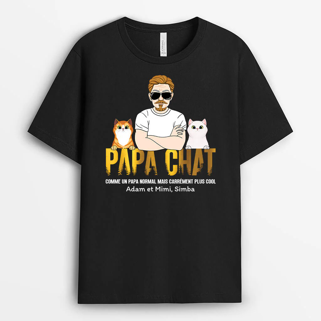 Tee Shirt Personnalisé Chat - Papa Chat Avec Ses Chats Illustrés