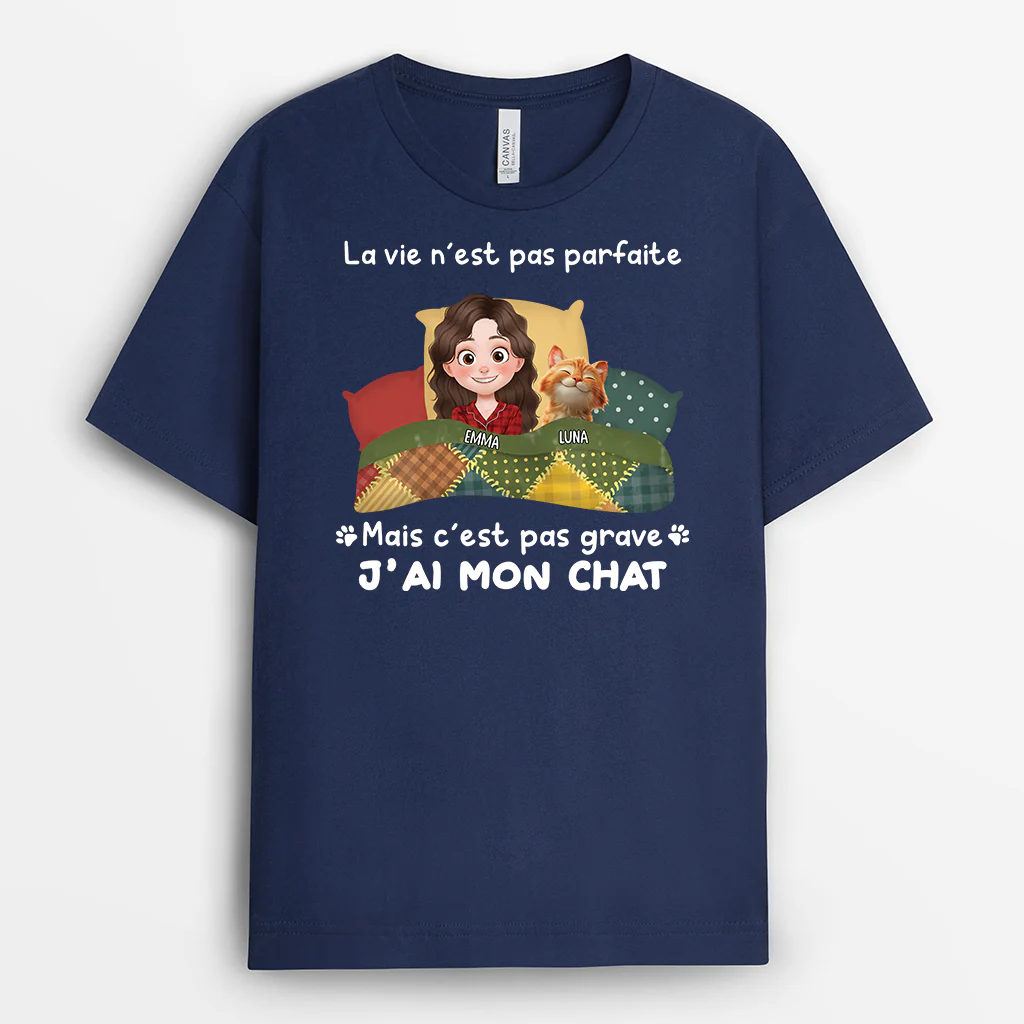 T-shirt Personnalisé Chat Humour - Vie Pas Parfaite Mais J'ai Mon Chat - Image 2
