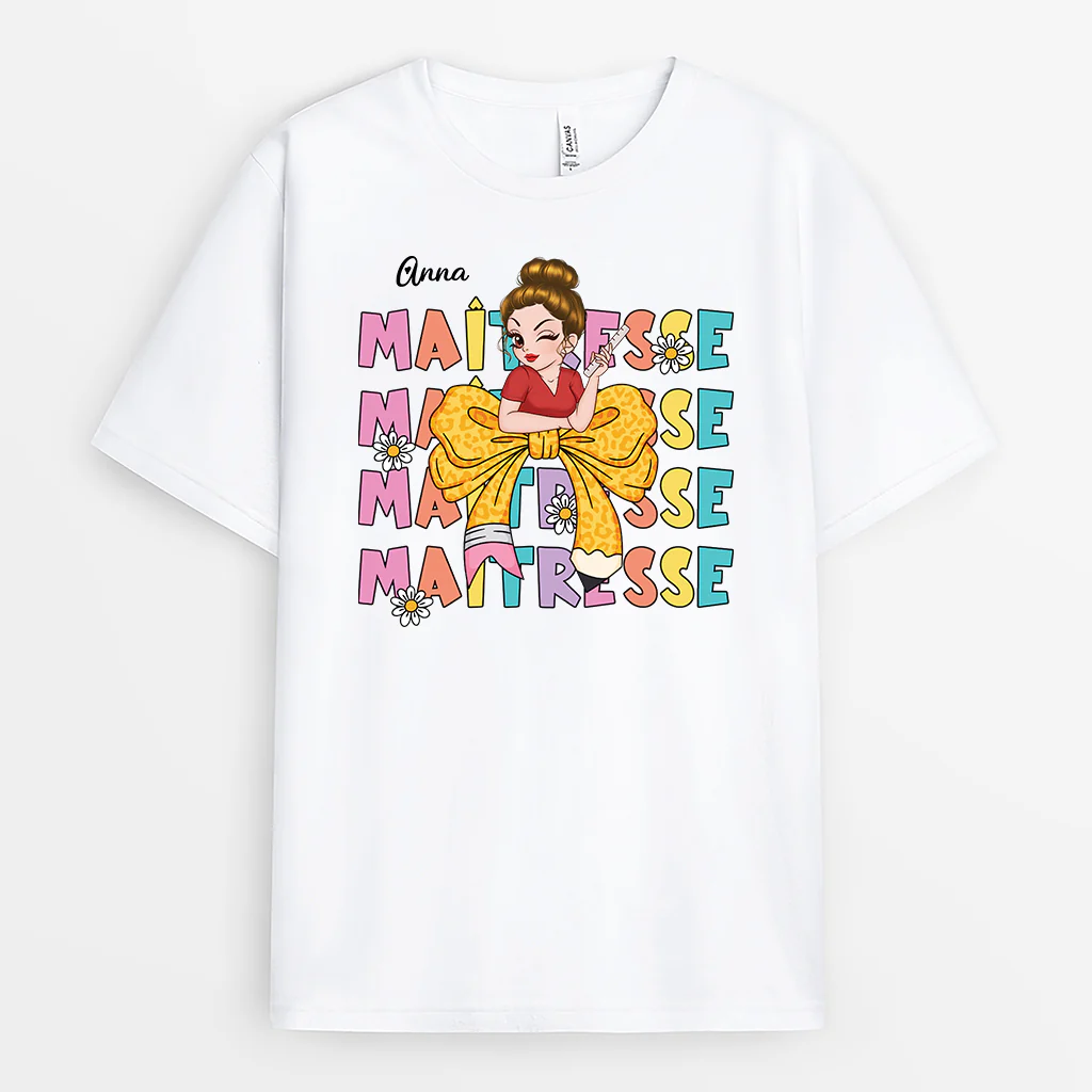 Cadeau Personnalisé pour la Maîtresse- T-shirt Personnalisé Maîtresse - Nœud Coloré