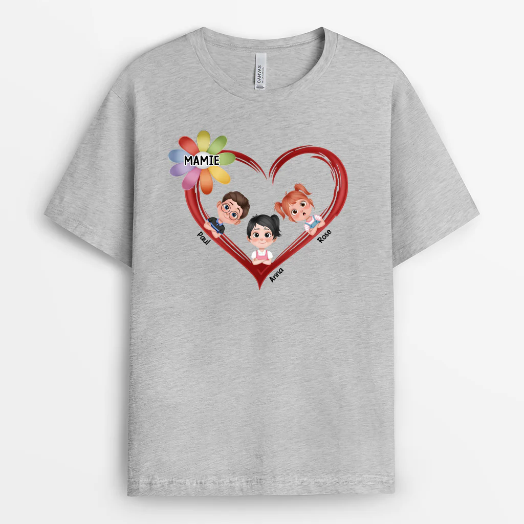 T-shirt Personnalisé - Mamie Chérie - Design Cartoon Avec Cœur Et Fleurs