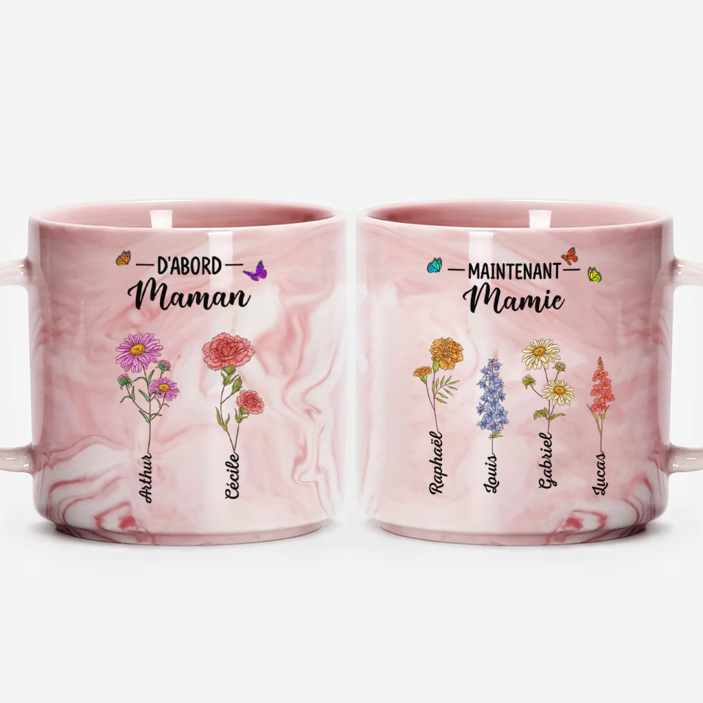 Tasse Effet Marbre Personnalisée - D'abord Maman Maintenant Mamie - Avec Fleurs