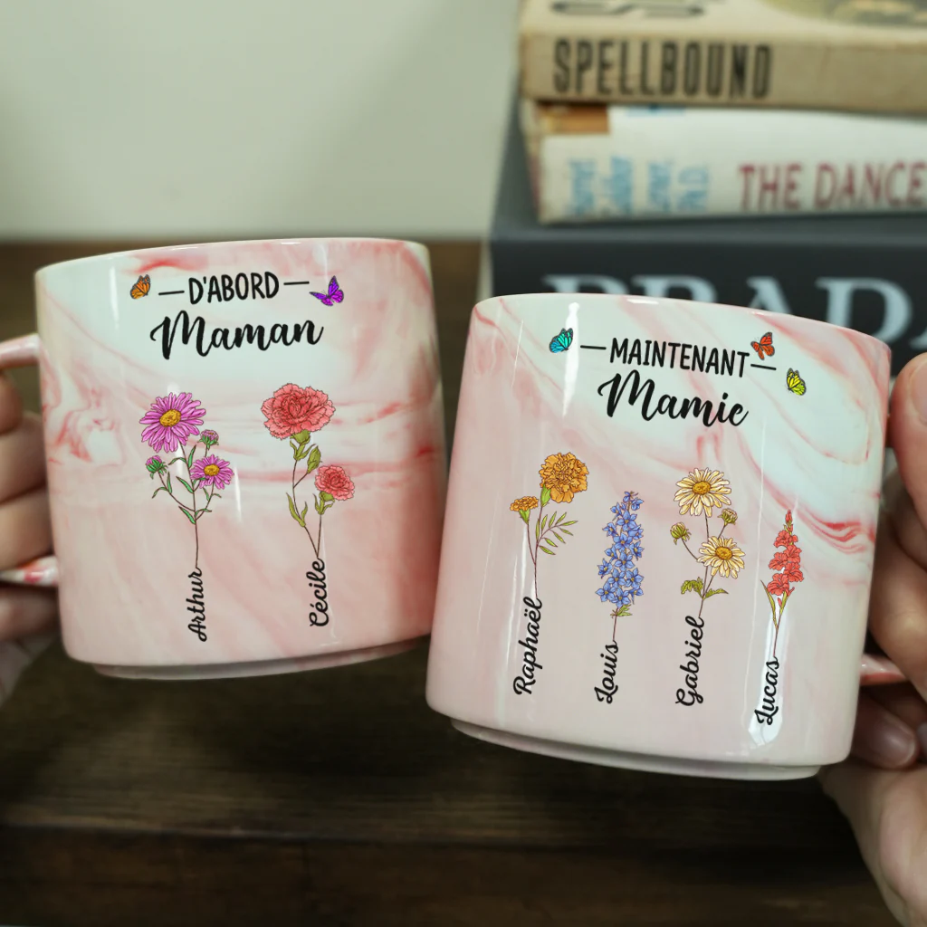 Tasse Effet Marbre Personnalisée - D'abord Maman Maintenant Mamie - Avec Fleurs - Image 2