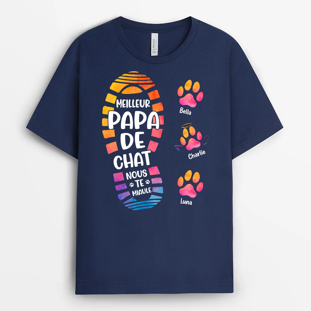 Tee Shirt Personnalisé Chat Et Chien Couleur Foncée - Cadeau Fête Des Pères Pour Papa Fan De Chat - Image 2