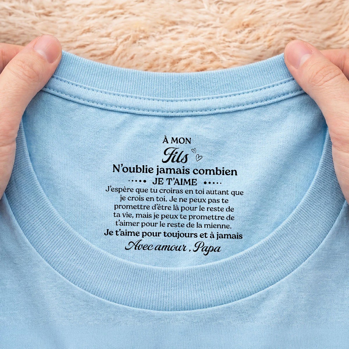 Tee Shirt Personnalisé Fils Et Fille Avec Texte À L’intérieur Du Col Blanc - Cadeau Femme/Homme Je Crois En Toi - Image 2
