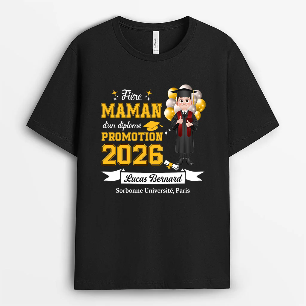 Tee Shirt Personnalisé Noir Cadeau Diplôme Femme/Homme - Fière Maman/Papa D’un Diplômé
