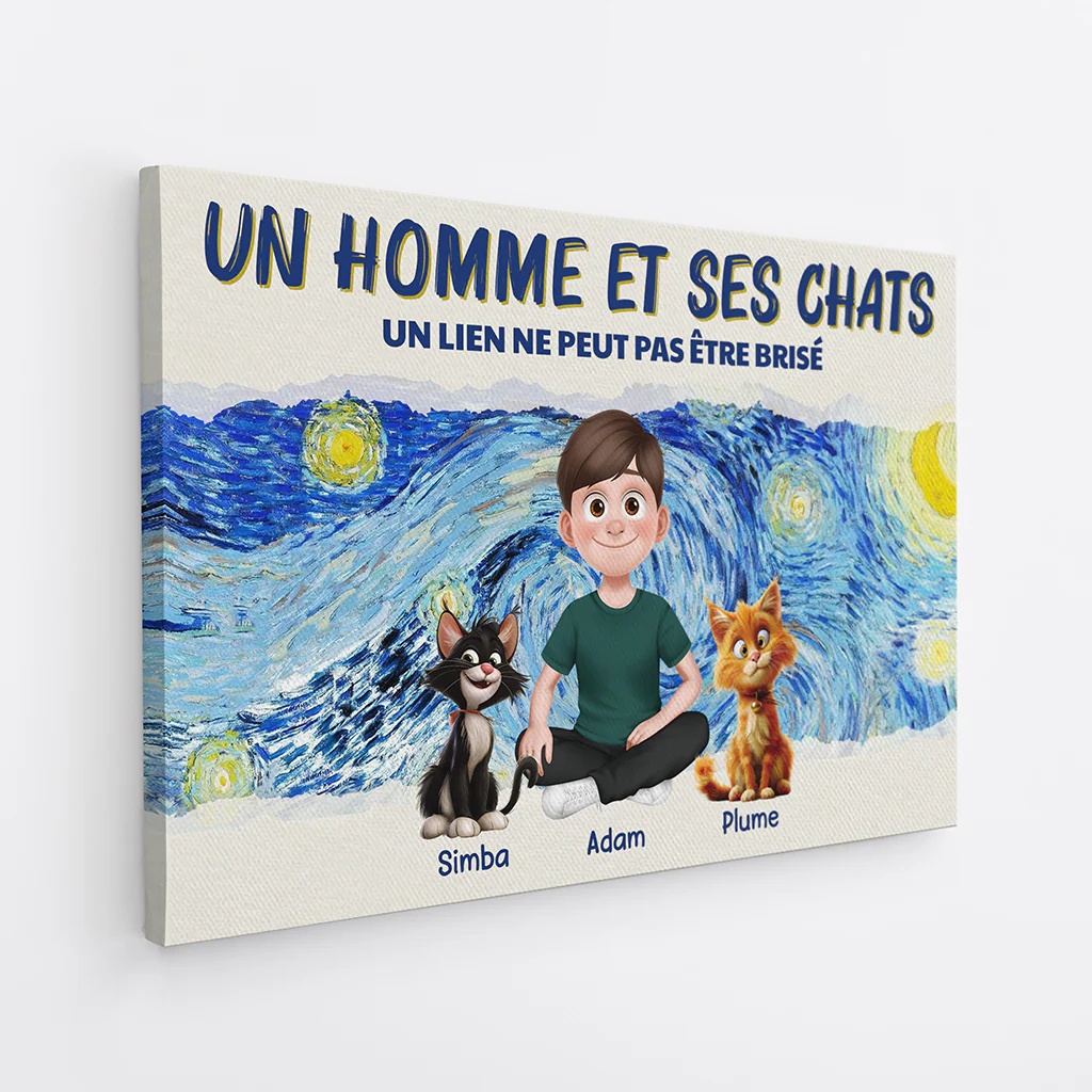 Toile Chat Personnalisé - Une Fille Et Ses Chats Version Van Gogh - Image 2
