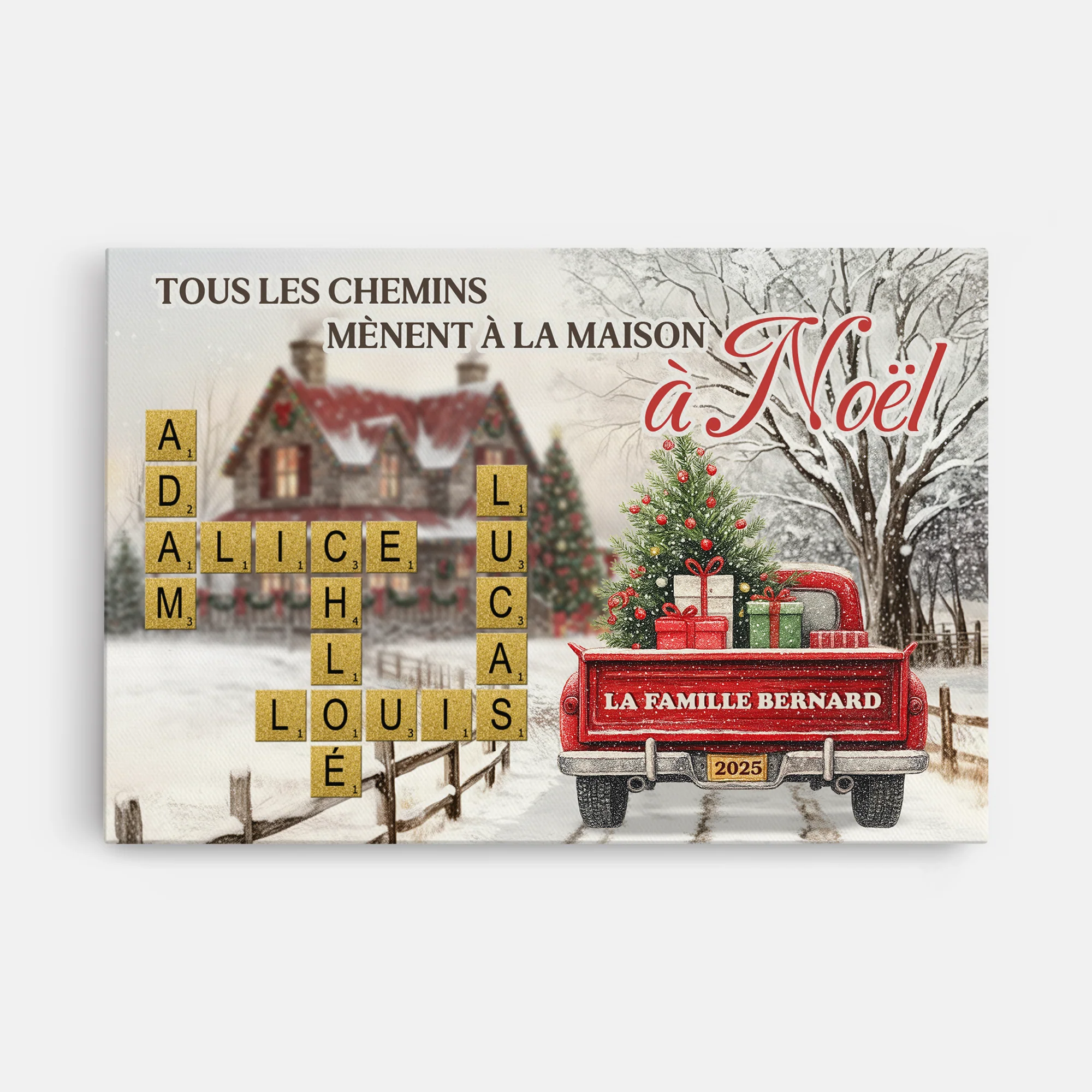 Toile Mot Croisé Famille Personnalisé - Tous Les Chemins À Noël