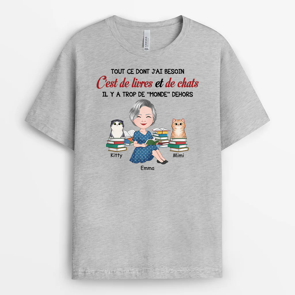 Tee Shirt Personnalisé Chat | Tout Ce Dont J'ai Besoin C'est De Livres Et De Chats - Image 2
