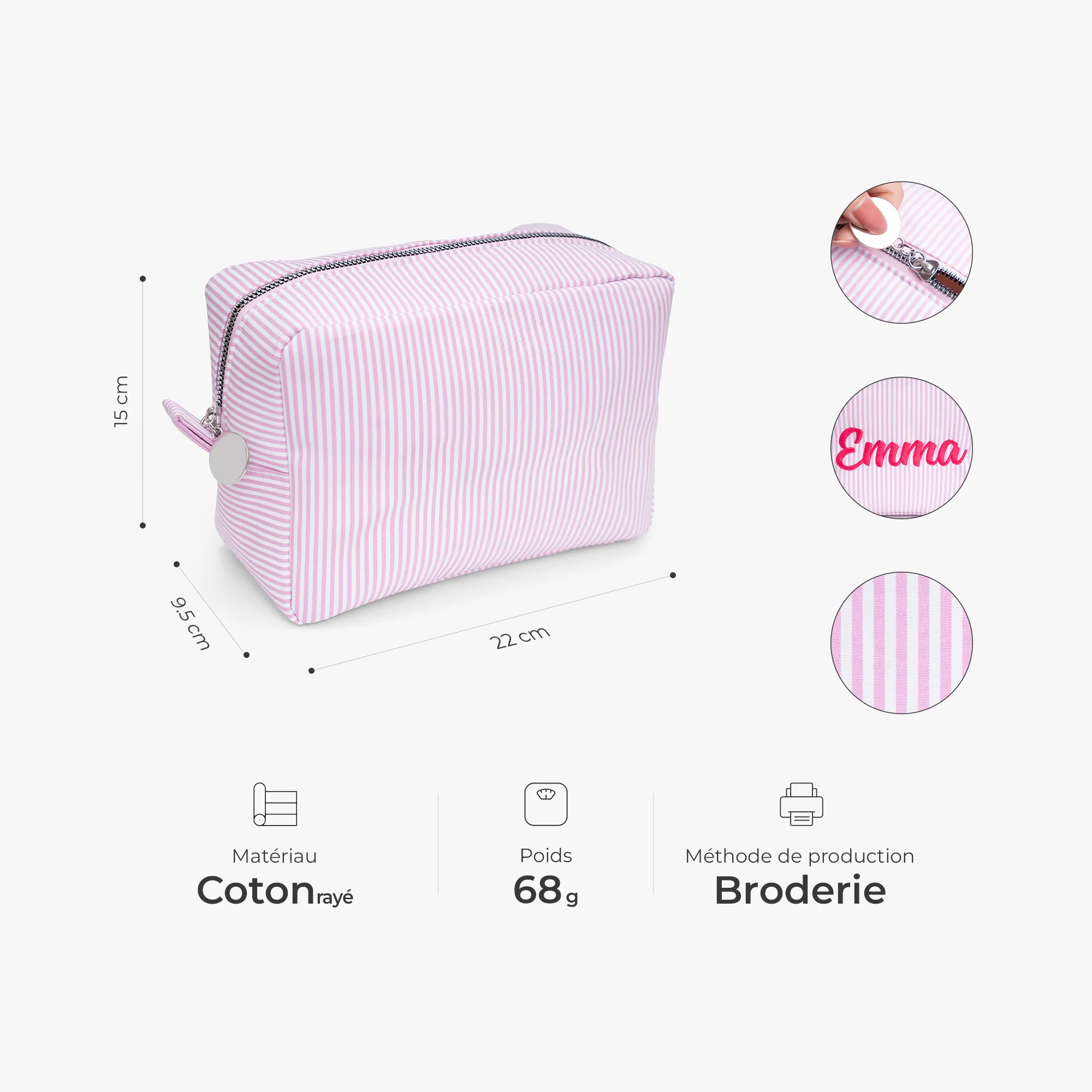 Trousse À Maquillage Personnalisée Rayée Avec Prénom Brodé - Cadeau Pour Femme Utile - Image 2