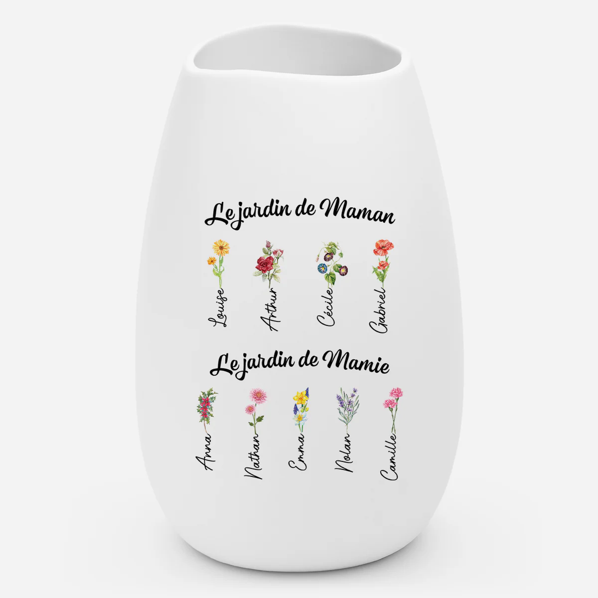 Vase À Personnaliser Céramique Mate - Jardin De Maman Mamie Avec Fleur De Naissance