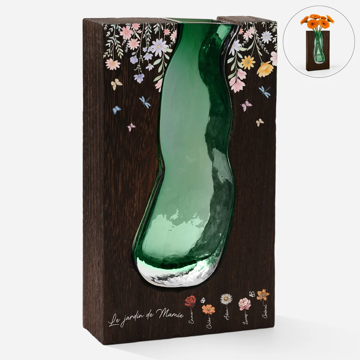Vase En Verre Personnalisé Avec Support En Bois - Le Jardin De Maman Mamie