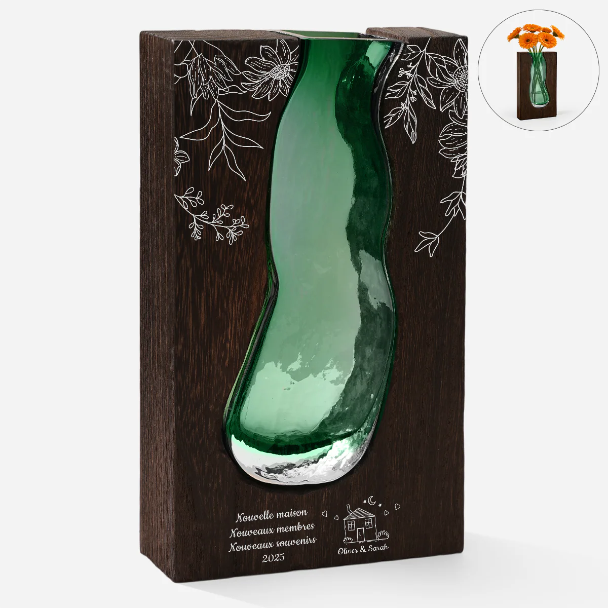 Vase Personnalisé En Verre Avec Support En Bois - Cadeau Nouvelle Maison Couple