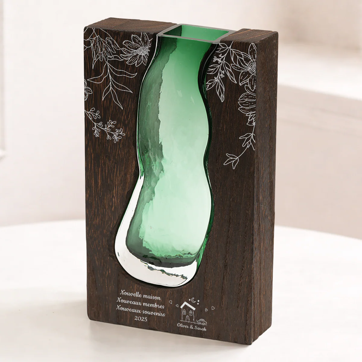 Vase Personnalisé En Verre Avec Support En Bois - Cadeau Nouvelle Maison Couple - Image 2