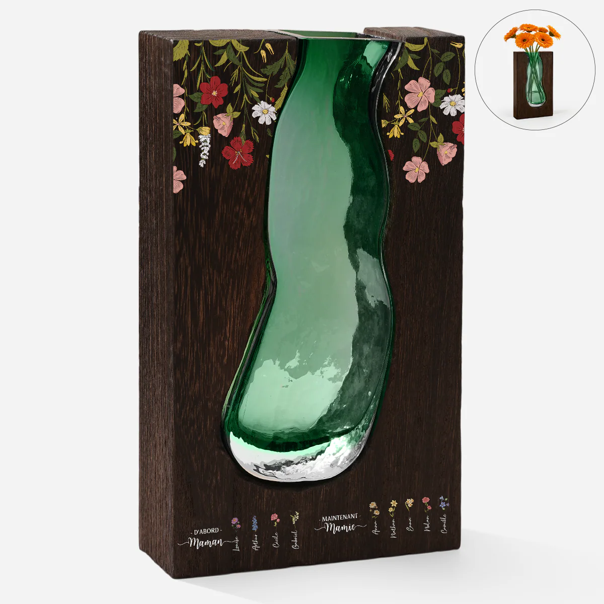 Vase Personnalisé En Verre Avec Support En Bois - D'abord Maman Maintenant Mamie