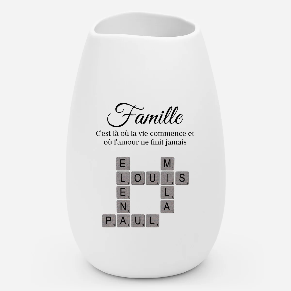 Vase Personnalisé Prénom Céramique Mate Avec Mot Croisé Famille - Amour Ne Finit Jamais