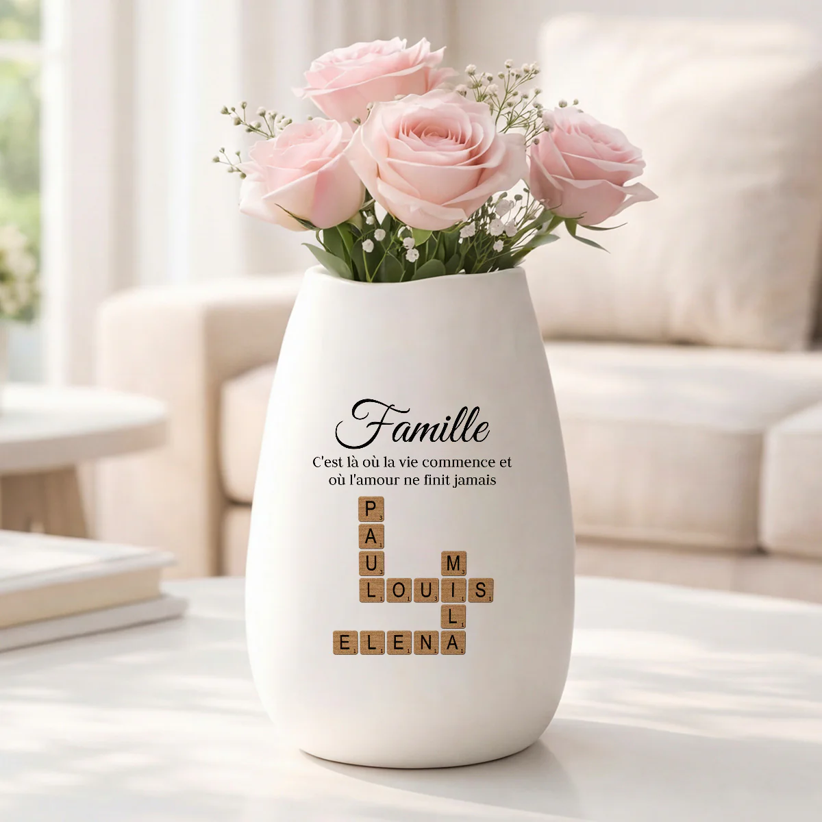 Vase Personnalisé Prénom Céramique Mate Avec Mot Croisé Famille - Amour Ne Finit Jamais - Image 2