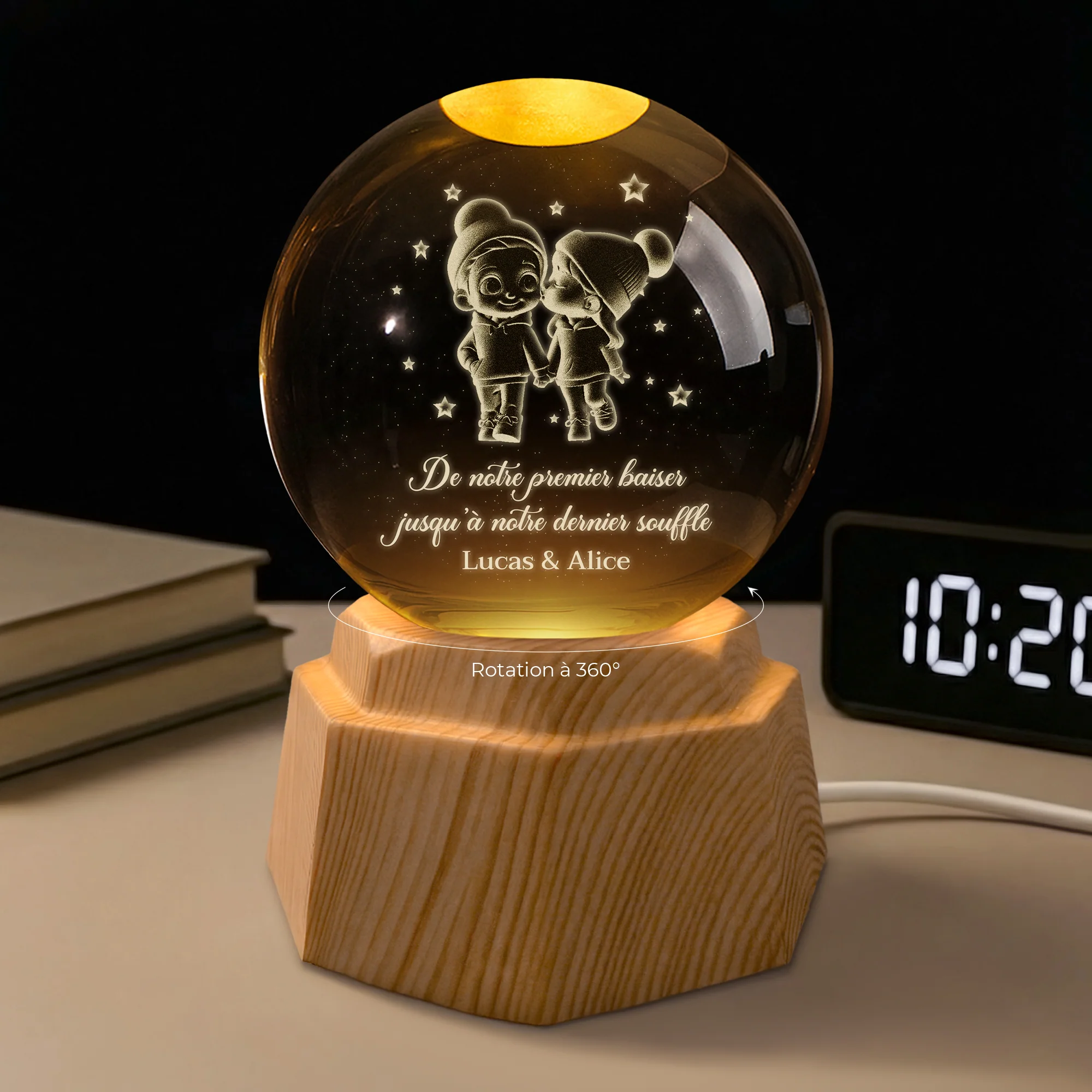 Veilleuse Boule De Cristal 3D Personnalisée Avec Couple - De Notre Premier Baiser