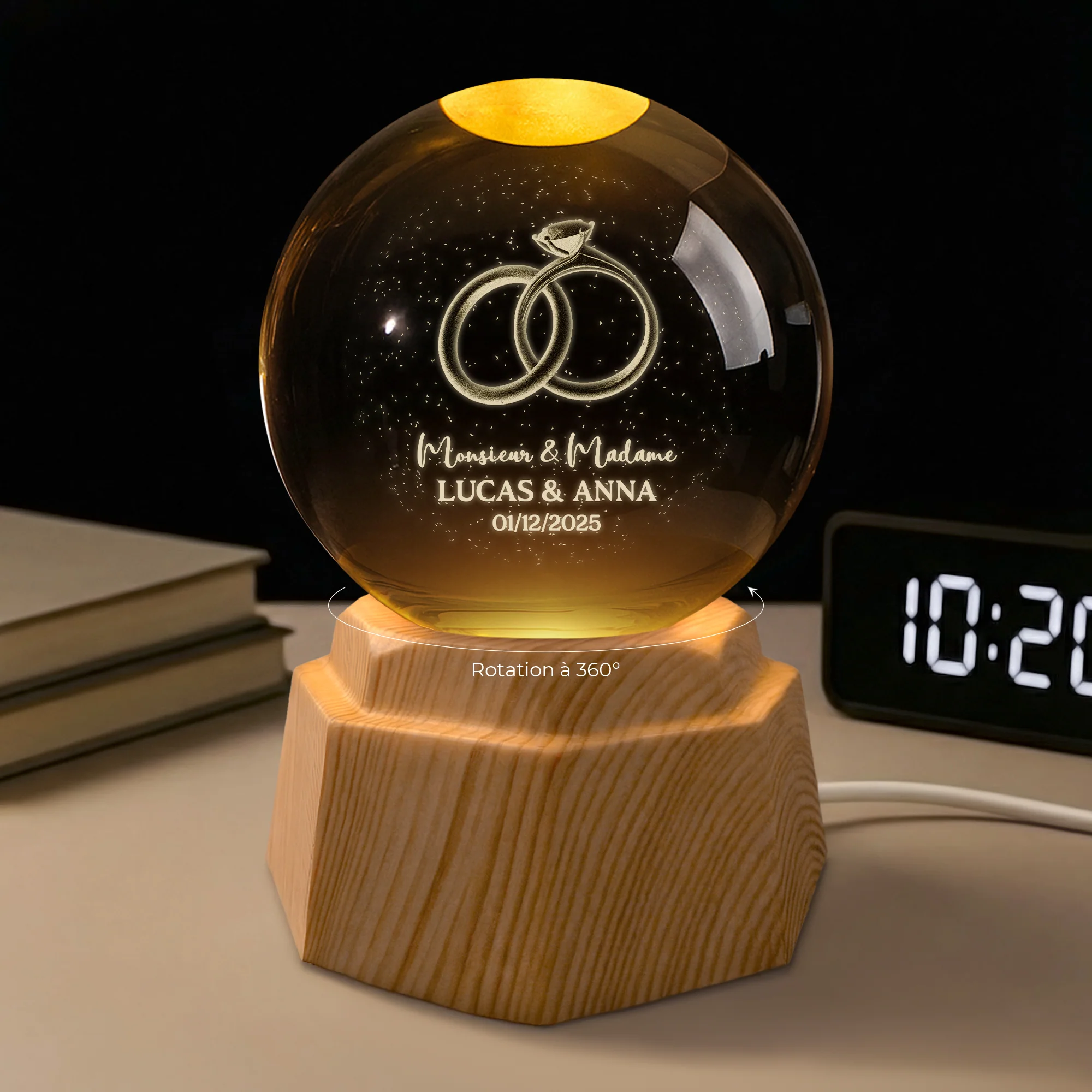 Veilleuse Boule De Cristal 3D Personnalisée - Bagues De Couple